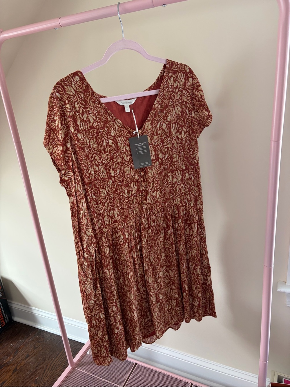 NWT Garnet Hill Rust Patterned Short Summer Dress V Neck with Buttons Size Large